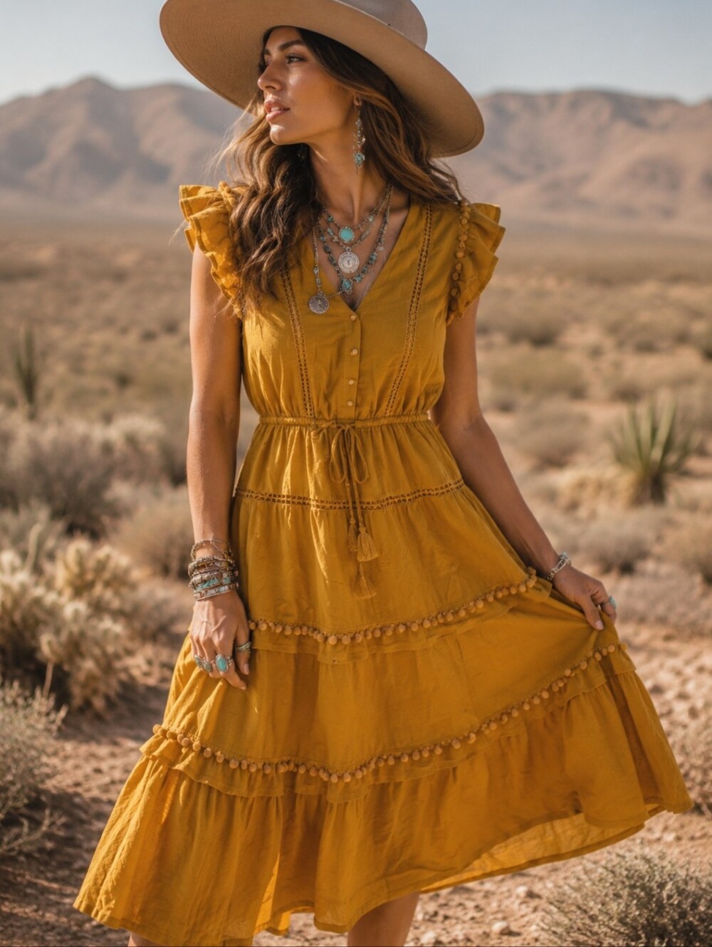 Point Sur for JCrew Flutter Sleeve Cotton Midi Dress Caramel Ochre Festival 4T